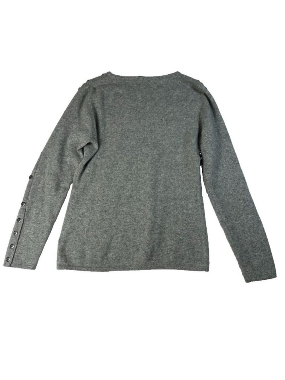 One Girl Who 100% Cashmere Gray Knit Sweater Large Button Sleeve Shoulder Crew - Picture 2 of 12